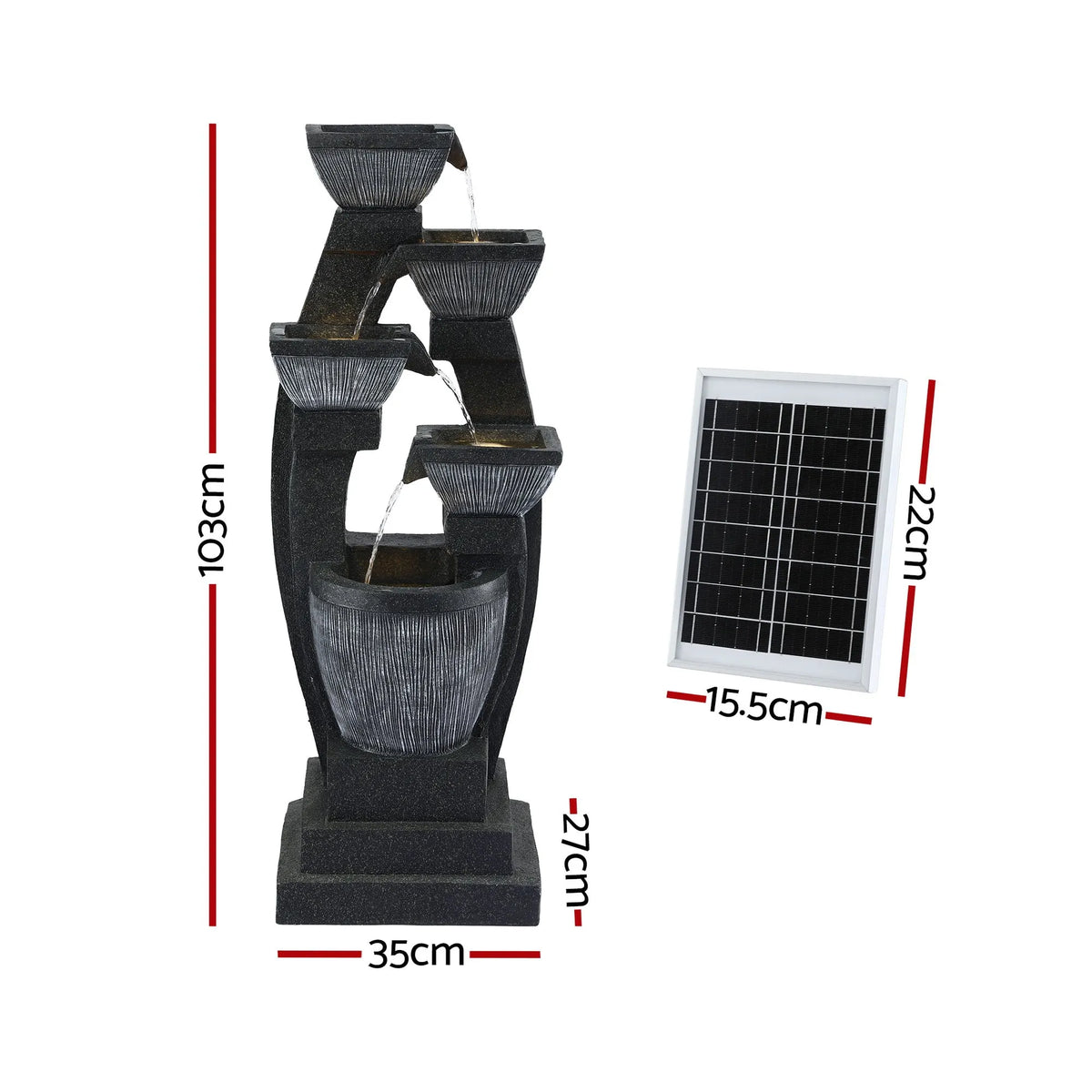 Gardeon Solar Fountain Water Feature Outdoor Fountain Indoor 5-Tier Bowl Cascading Grey  - Image 2