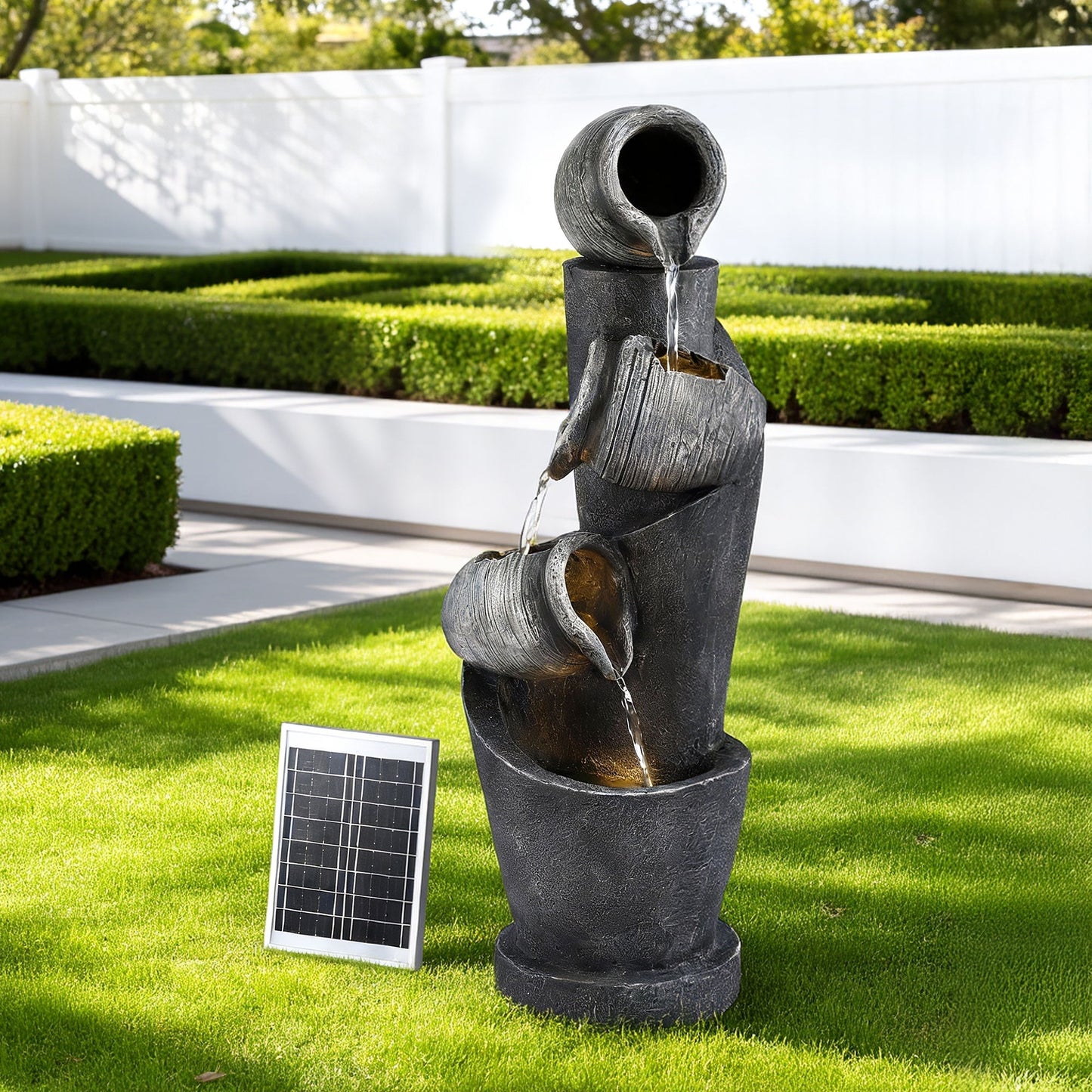 Gardeon Solar Fountain Water Feature Cascading Fountain 3-Tier Pot LED Lights 80CM Grey