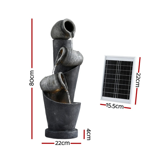 Gardeon Solar Fountain Water Feature Cascading Fountain 3-Tier Pot LED Lights 80CM Grey - Image 2