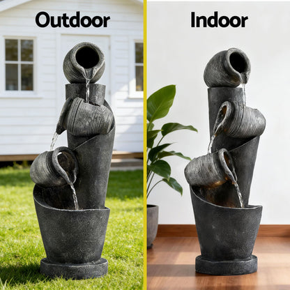 Gardeon Solar Fountain Water Feature Cascading Fountain 3-Tier Pot LED Lights 80CM Grey - Image 4