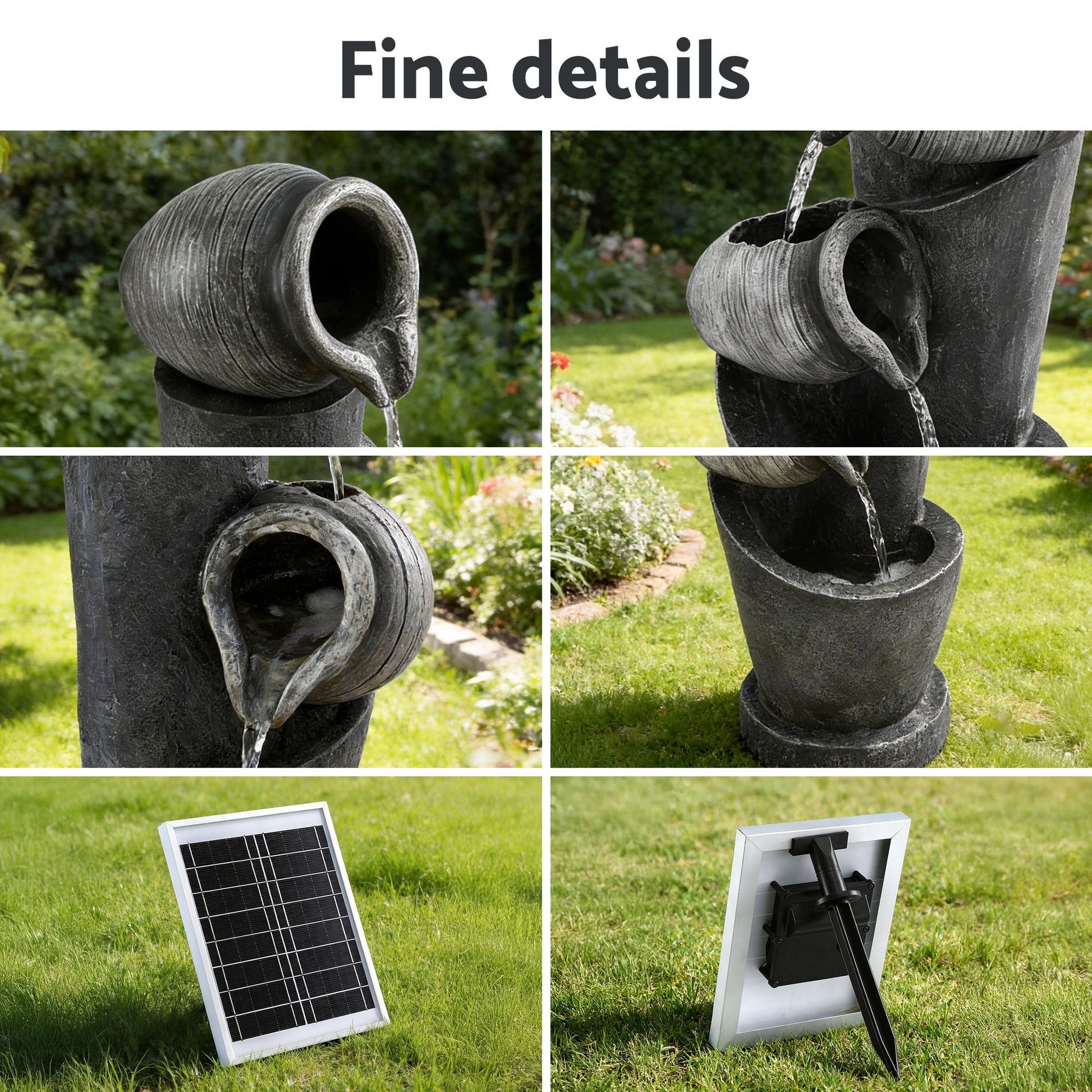 Gardeon Solar Fountain Water Feature Cascading Fountain 3-Tier Pot LED Lights 80CM Grey - Image 6