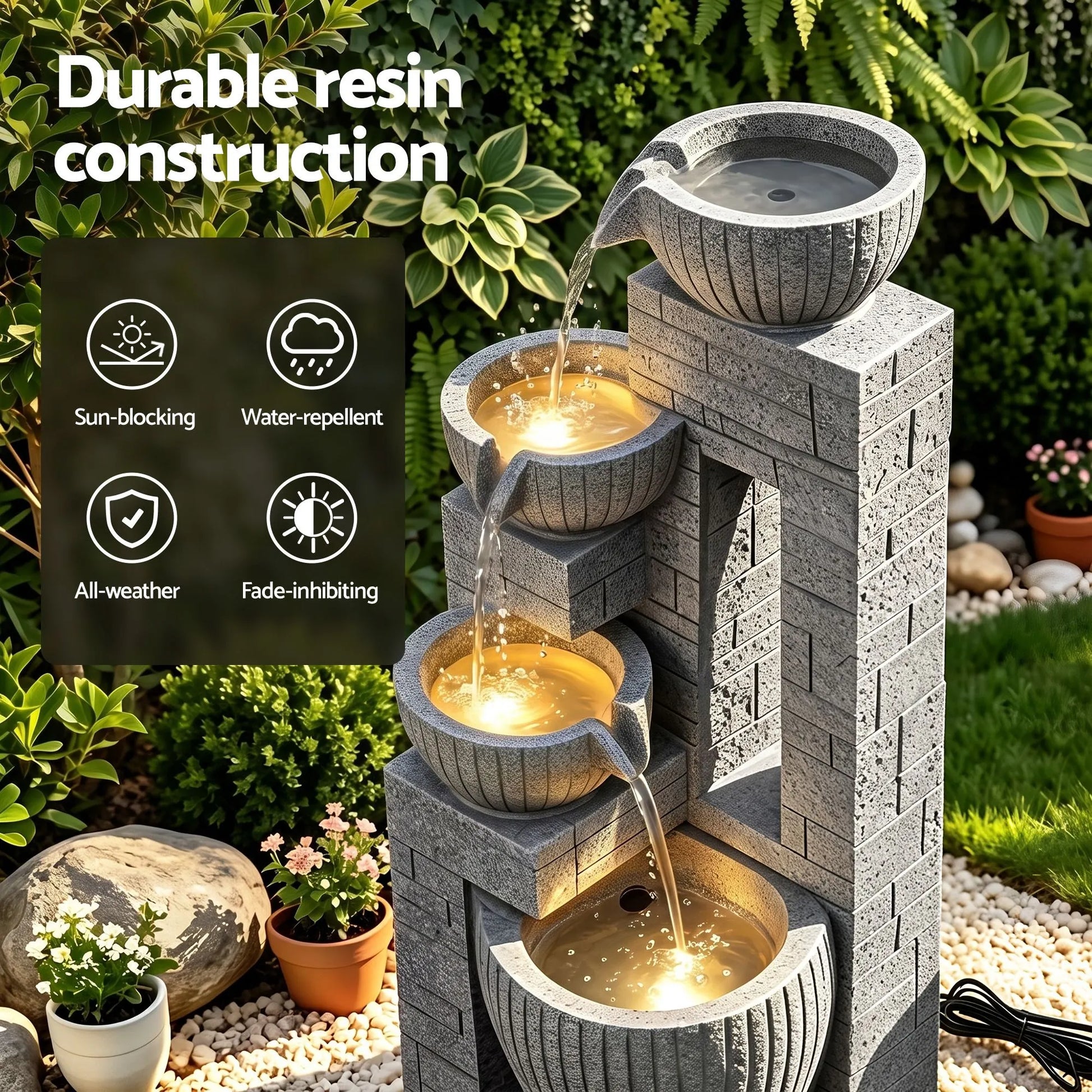 Gardeon Solar Fountains Water Features Cascading Design Polyresin 80cm Grey - Image 6