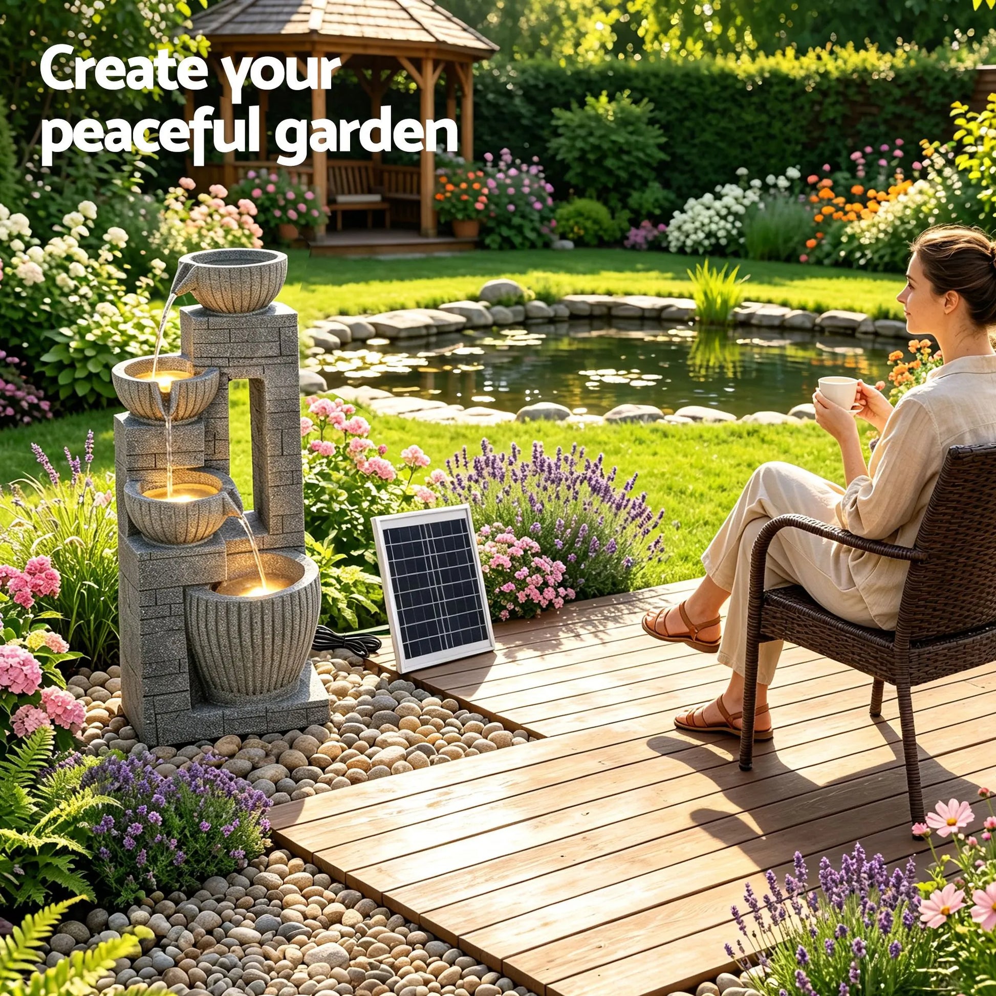 Gardeon Solar Fountains Water Features Cascading Design Polyresin 80cm Grey - Image 8