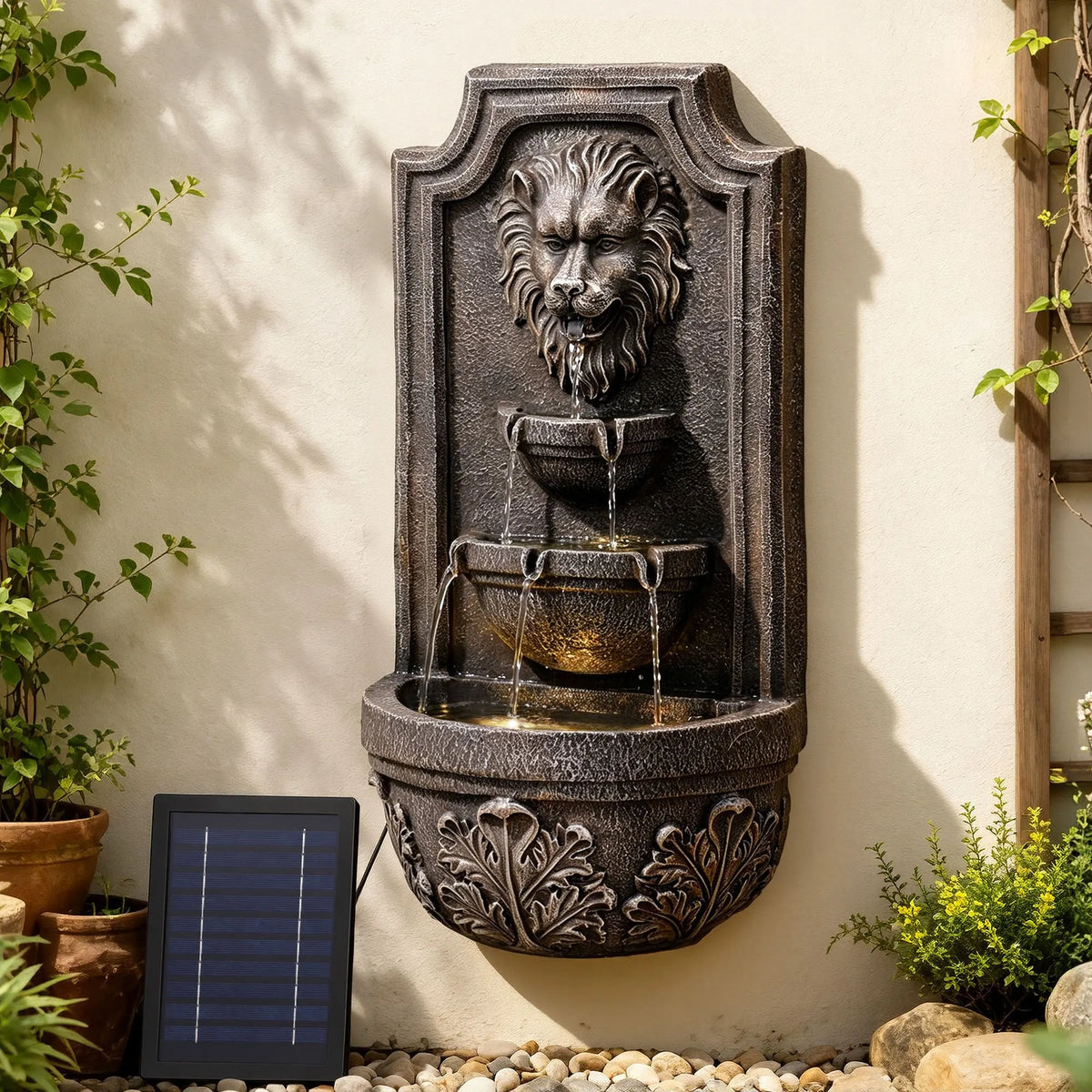 Gardeon Solar Fountain Water Feature Lion Head Wall Fountain 67cm Brown