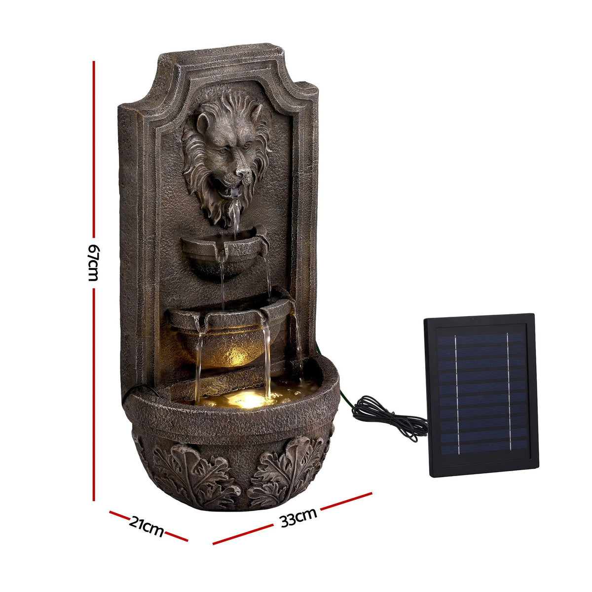 Gardeon Solar Fountain Water Feature Lion Head Wall Fountain 67cm Brown - Image 2