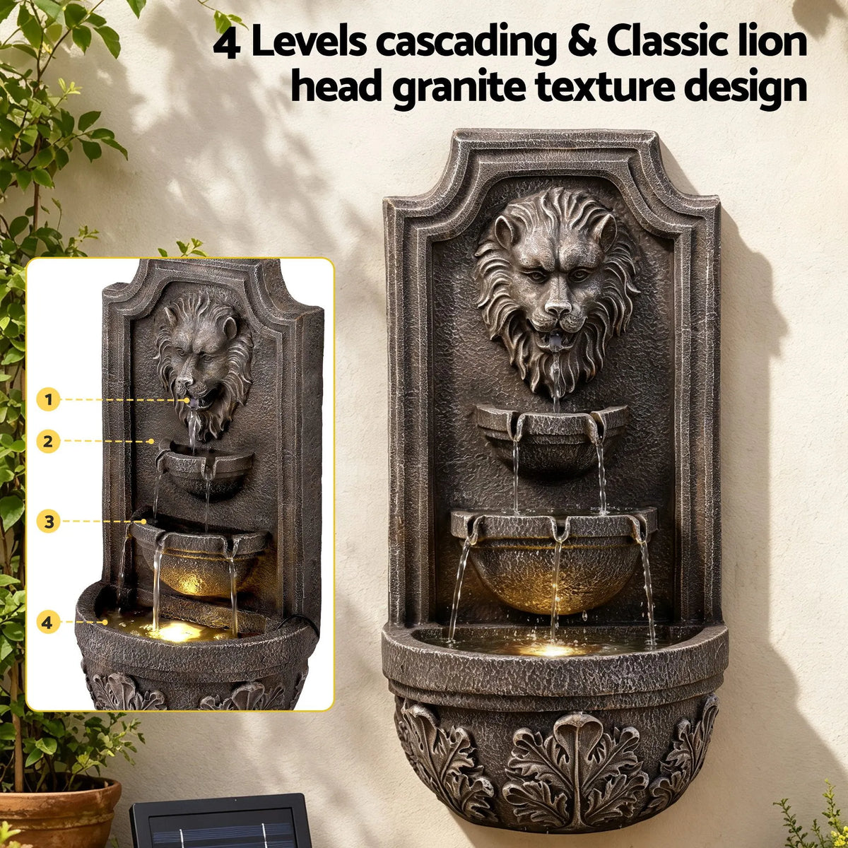 Gardeon Solar Fountain Water Feature Lion Head Wall Fountain 67cm Brown - Image 4