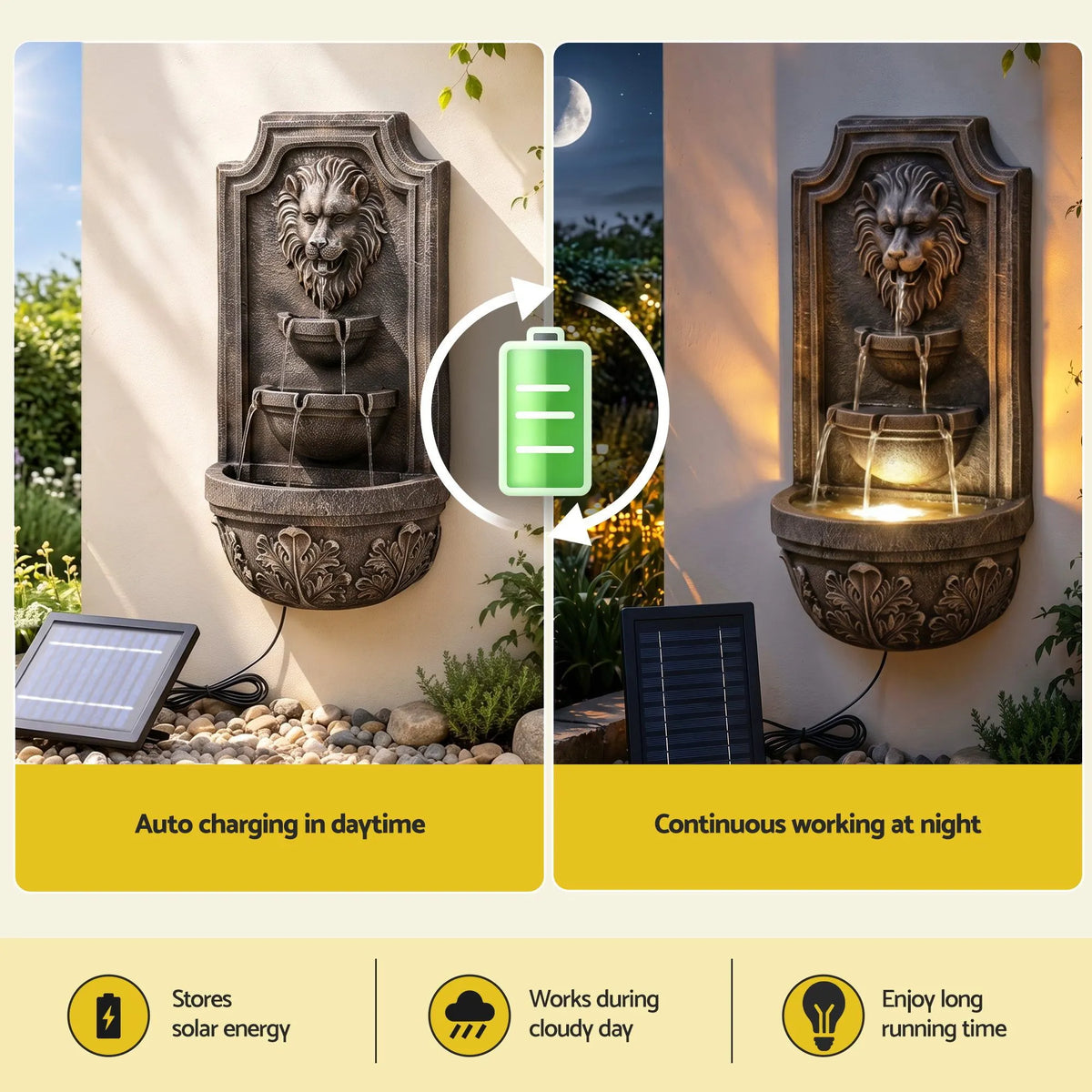 Gardeon Solar Fountain Water Feature Lion Head Wall Fountain 67cm Brown - Image 5