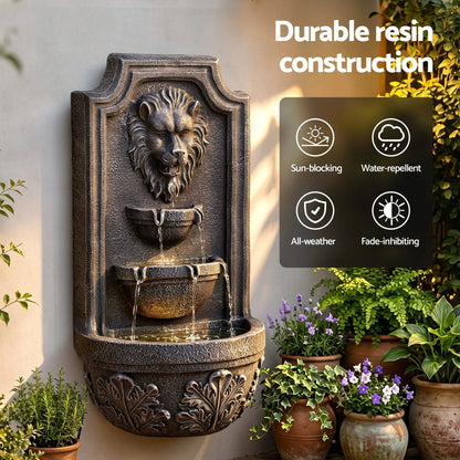 Gardeon Solar Fountain Water Feature Lion Head Wall Fountain 67cm Brown - Image 6
