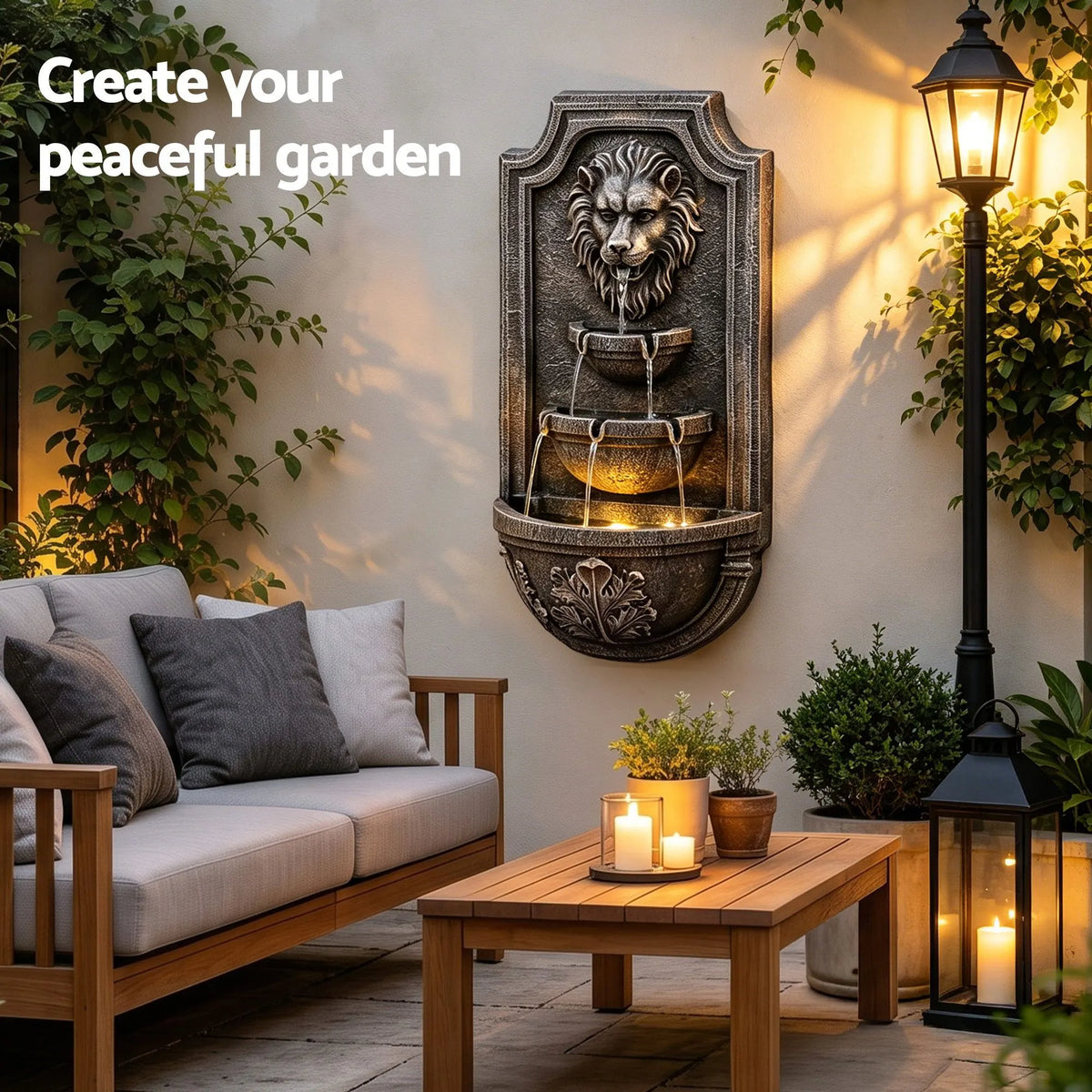 Gardeon Solar Fountain Water Feature Lion Head Wall Fountain 67cm Brown - Image 7