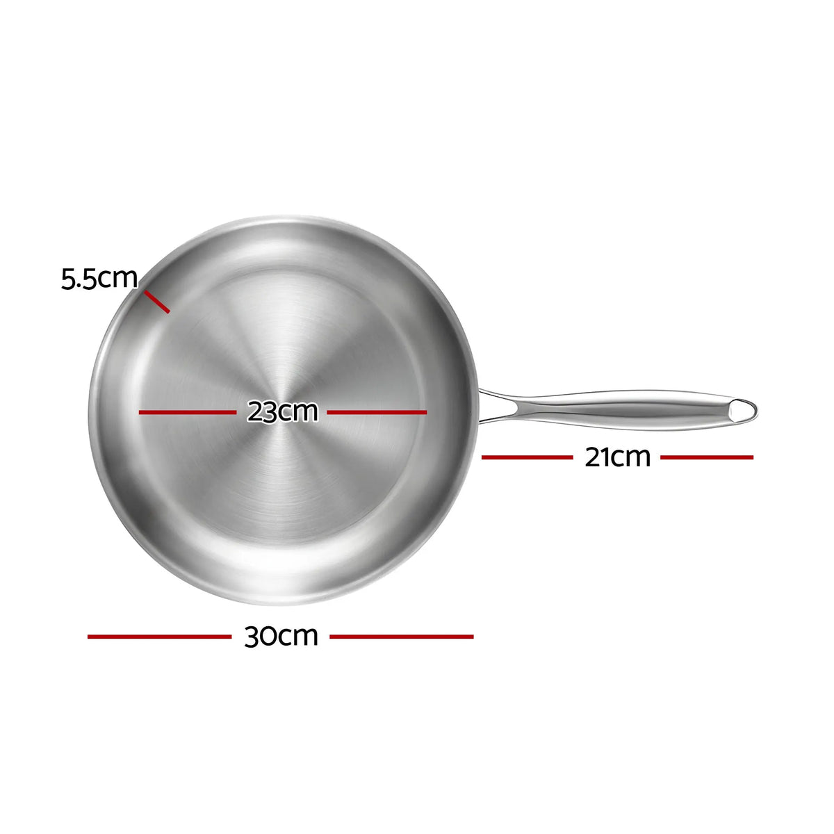5-Star Chef 30cm Stainless Steel Frying Pan Uncoated Frypan with Tri-Ply Body Silver - Image 2