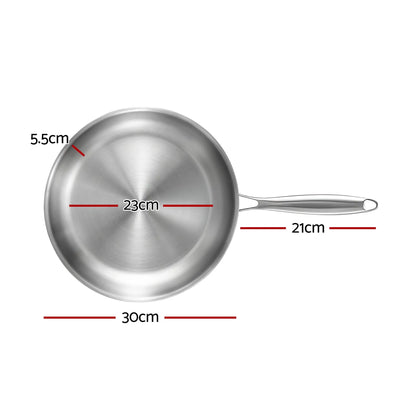 5-Star Chef 30cm Stainless Steel Frying Pan Uncoated Frypan with Tri-Ply Body Silver - Image 2