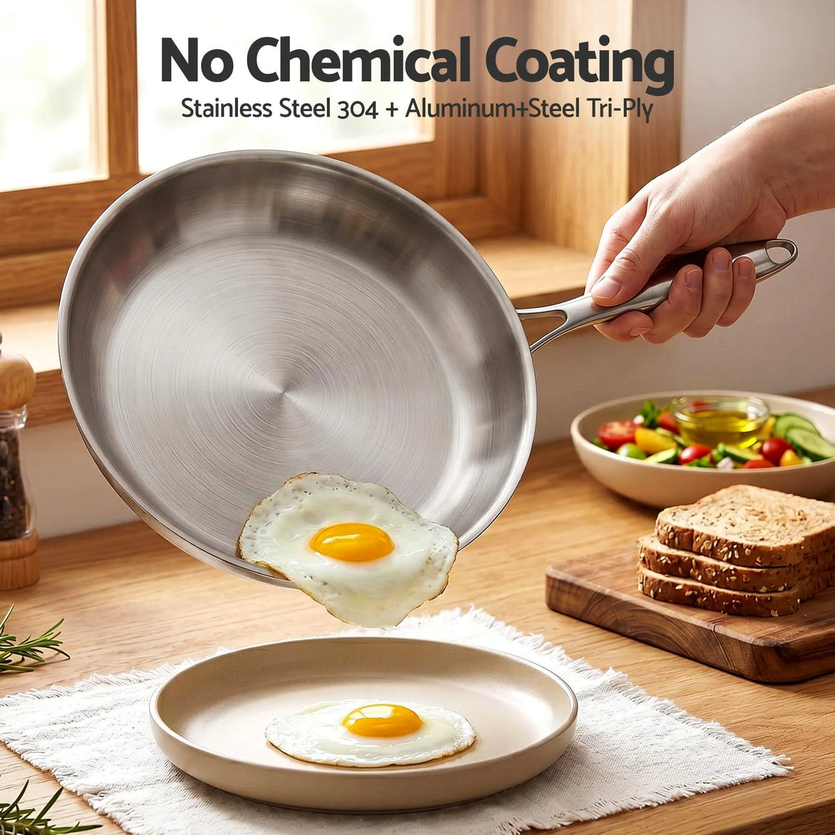 5-Star Chef 30cm Stainless Steel Frying Pan Uncoated Frypan with Tri-Ply Body Silver - Image 4