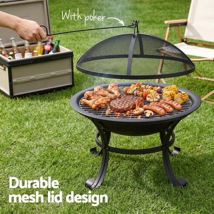 Grillz Fire Pit with Mesh Lid and Fire Picker BBQ Grill Wood Burning Outdoor Camping - Image 5