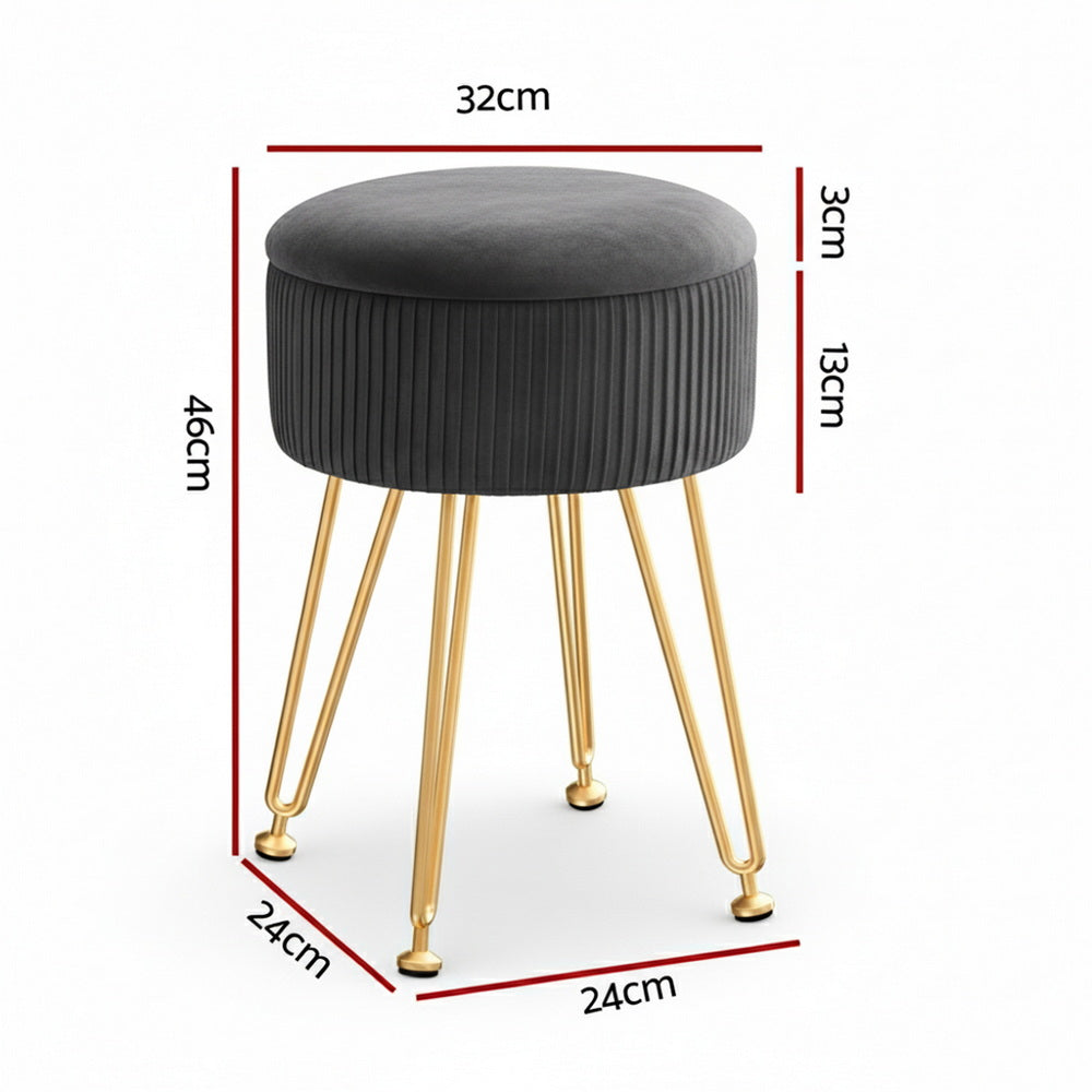 Artiss Ottoman Storage Foot Stool Vanity Velvet Round Grey - Image 2