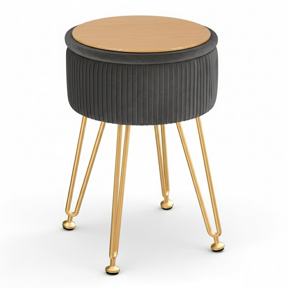 Artiss Ottoman Storage Foot Stool Vanity Velvet Round Grey - Image 3