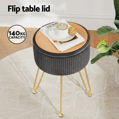 Artiss Ottoman Storage Foot Stool Vanity Velvet Round Grey - Image 4