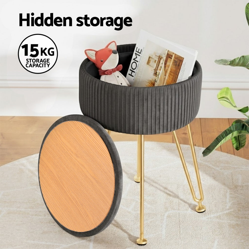 Artiss Ottoman Storage Foot Stool Vanity Velvet Round Grey - Image 5