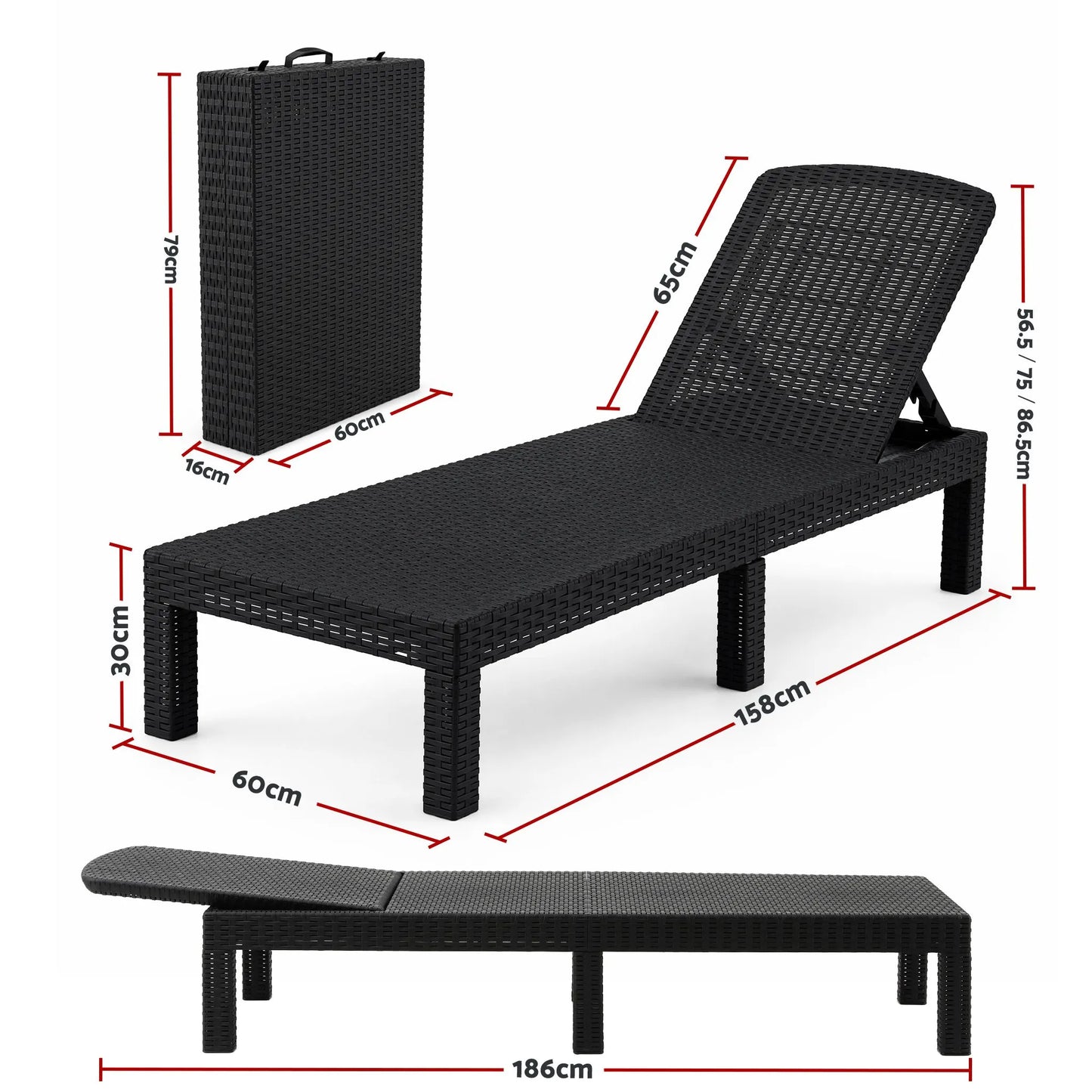 Gardeon Sun Lounge Outdoor Folding Recliner Patio Pool Beach Chair Rattan Black - Image 2