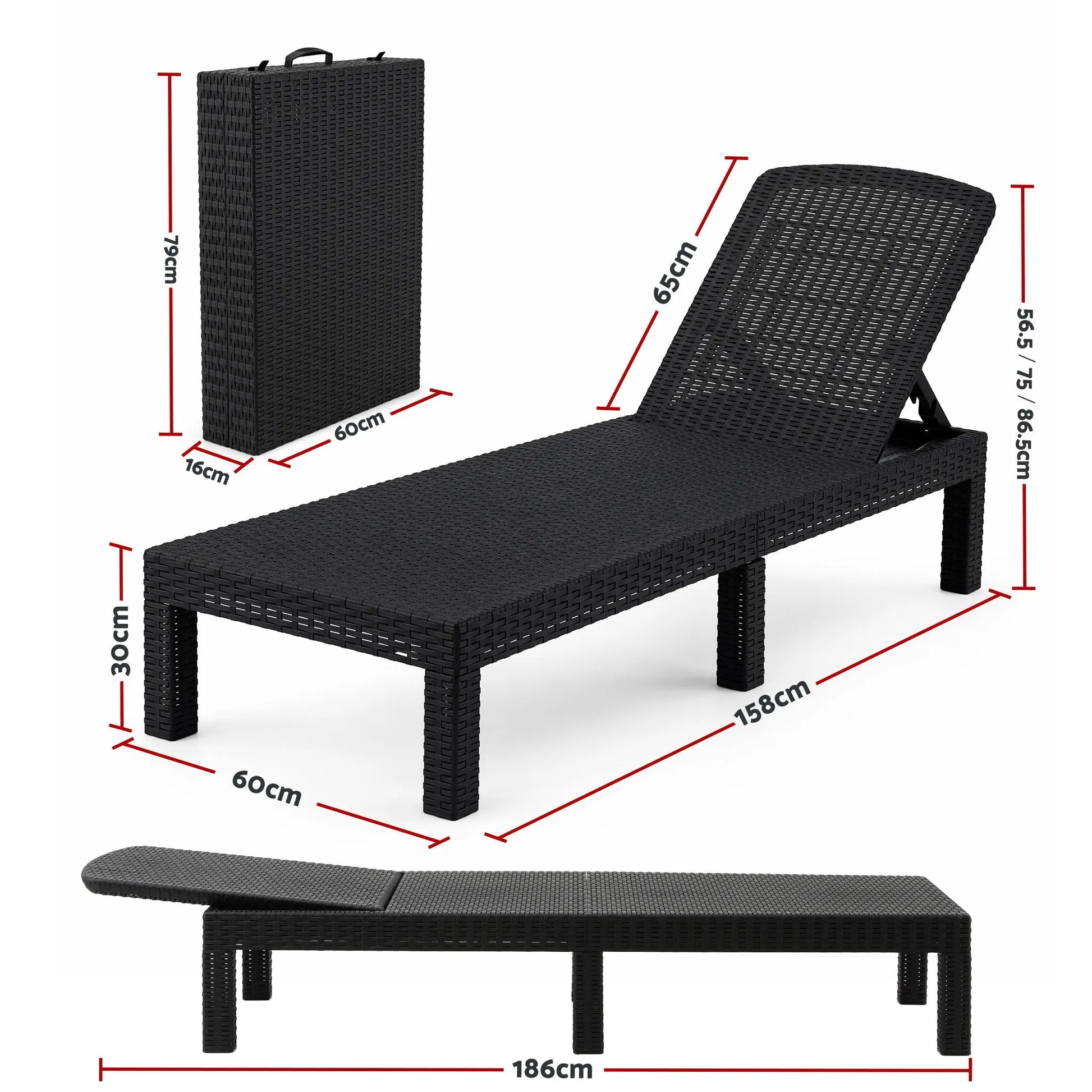 Gardeon Sun Lounge Outdoor Folding Recliner Patio Pool Beach Chair Rattan Black - Image 2