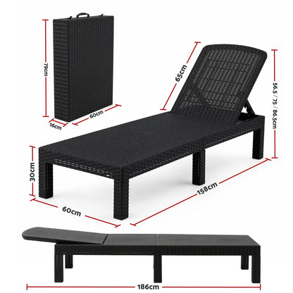 Gardeon Sun Lounge Outdoor Folding Recliner Patio Pool Beach Chair Rattan Black - Image 2