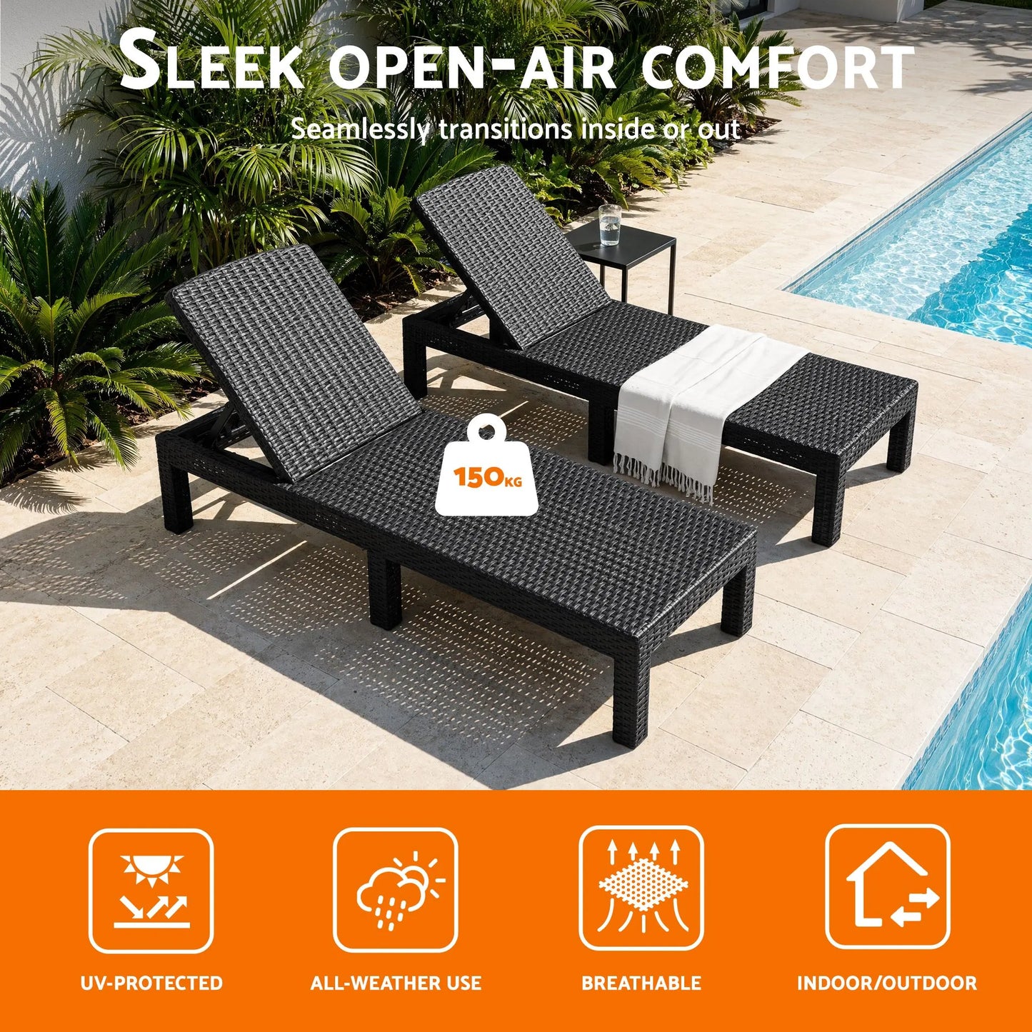 Gardeon Sun Lounge Outdoor Folding Recliner Patio Pool Beach Chair Rattan Black - Image 4