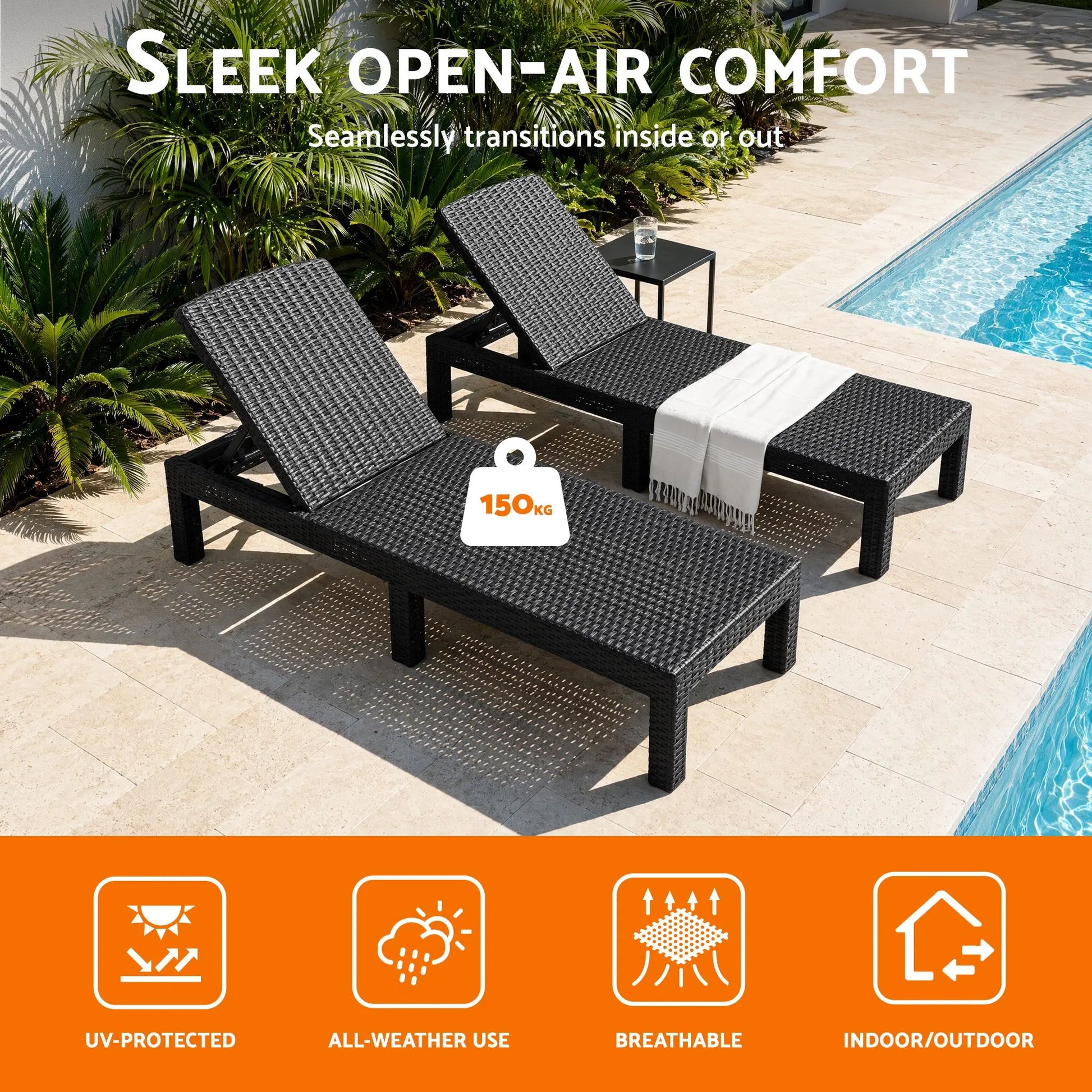 Gardeon Sun Lounge Outdoor Folding Recliner Patio Pool Beach Chair Rattan Black - Image 4