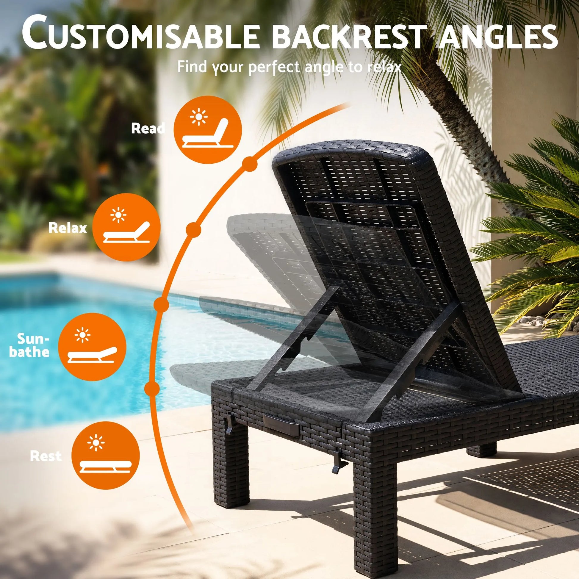 Gardeon Sun Lounge Outdoor Folding Recliner Patio Pool Beach Chair Rattan Black - Image 5