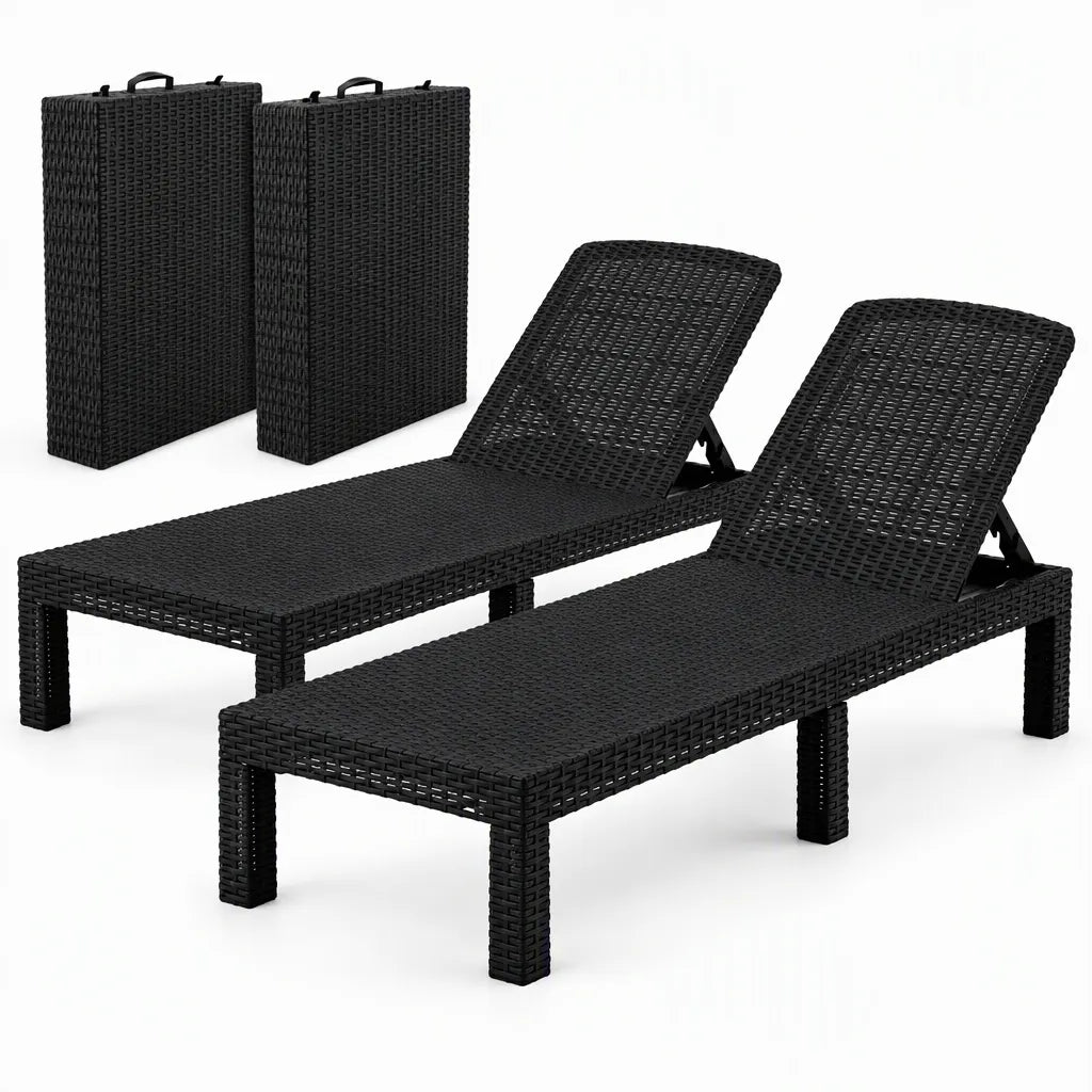 Gardeon 2X Foldable Sun Lounges Outdoor Recliner Patio Beach Chair Rattan Black - Image 2