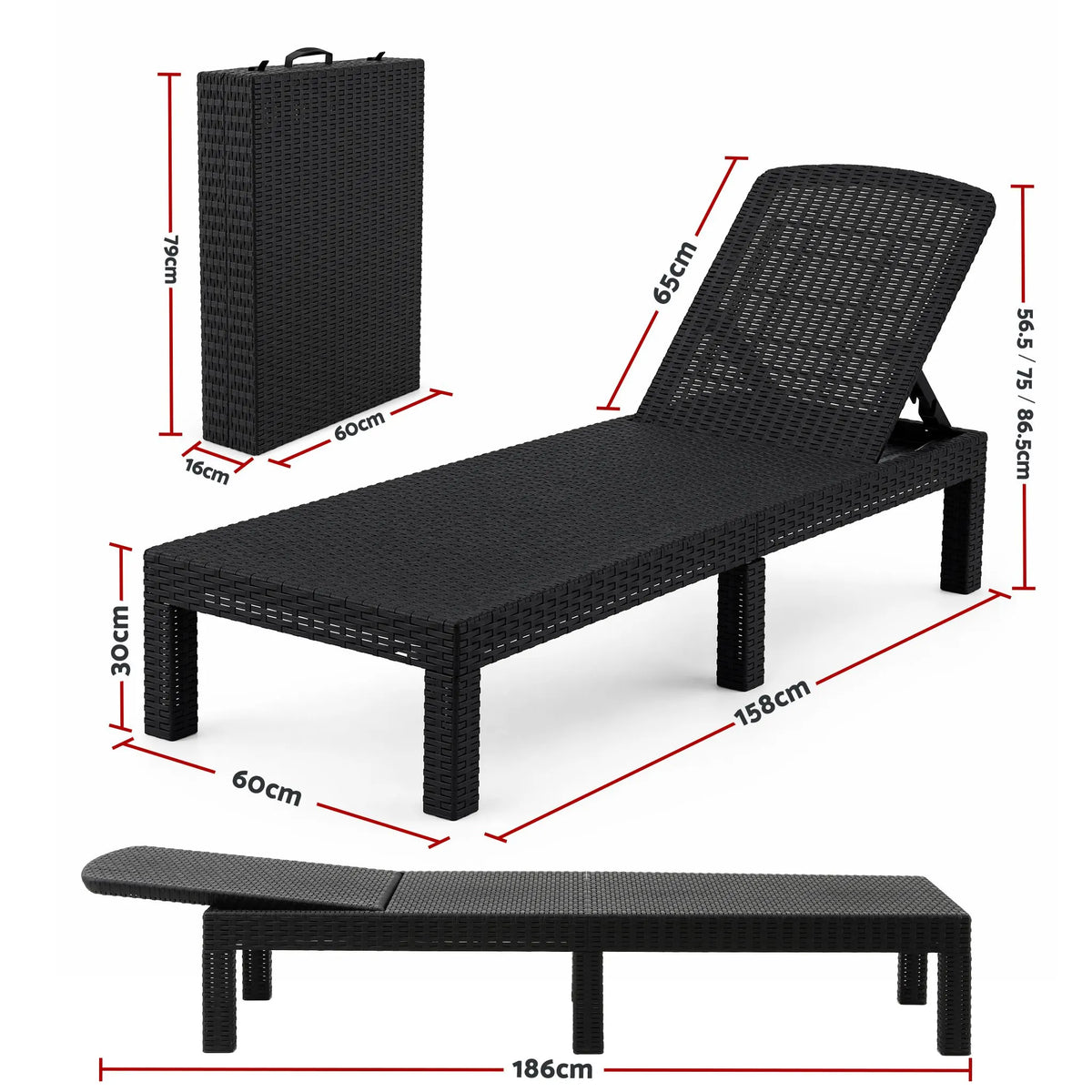 Gardeon 2X Foldable Sun Lounges Outdoor Recliner Patio Beach Chair Rattan Black - Image 3