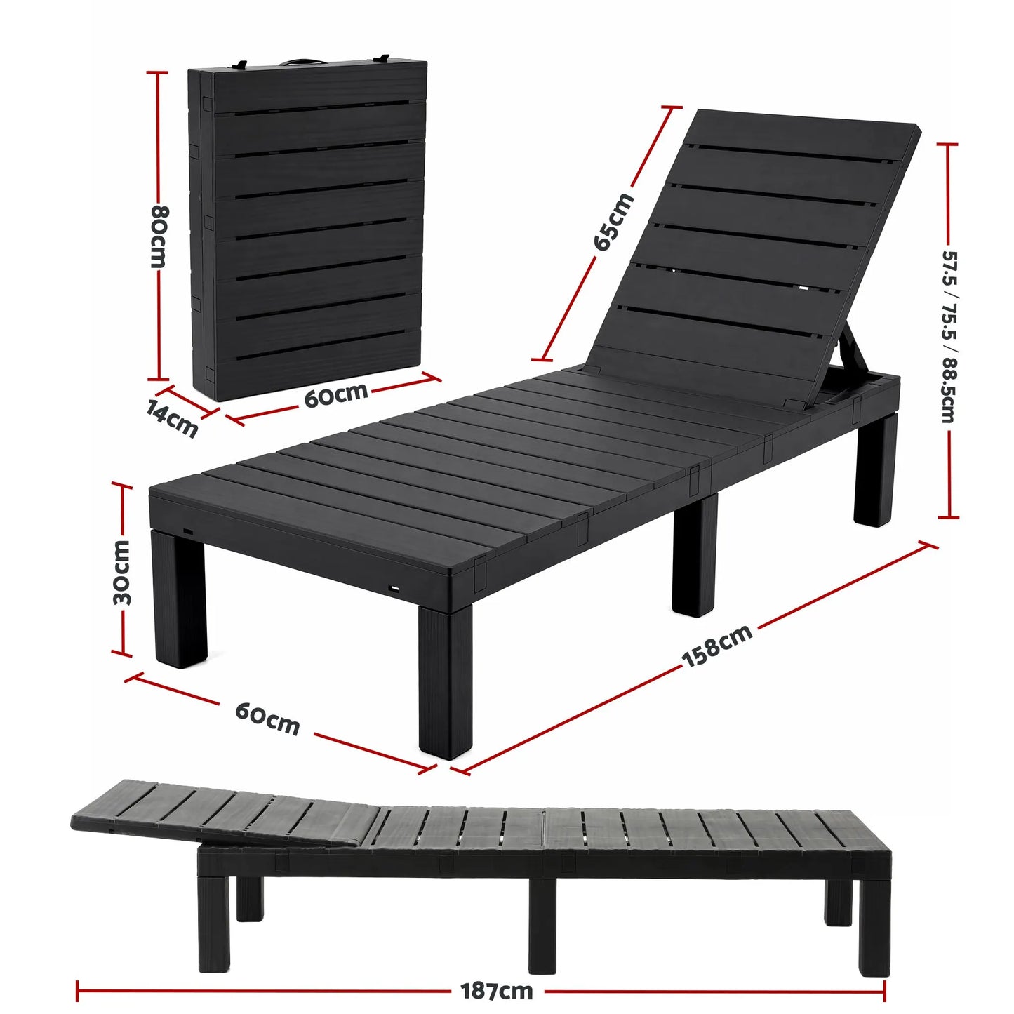 Gardeon Sun Lounge Outdoor Folding Recliner Patio Pool Beach Chair Slatted Black - Image 2