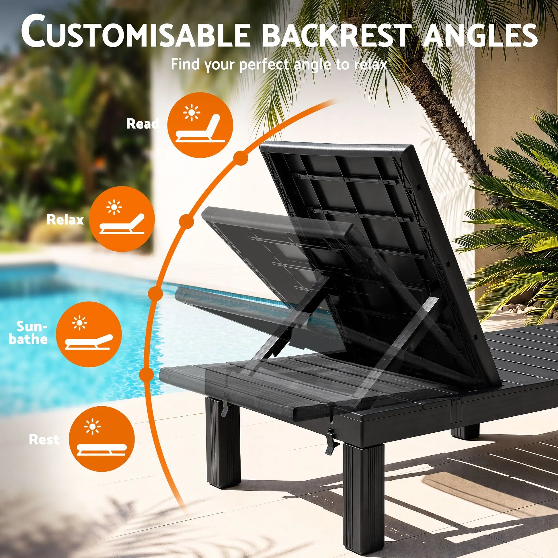 Gardeon Sun Lounge Outdoor Folding Recliner Patio Pool Beach Chair Slatted Black - Image 5