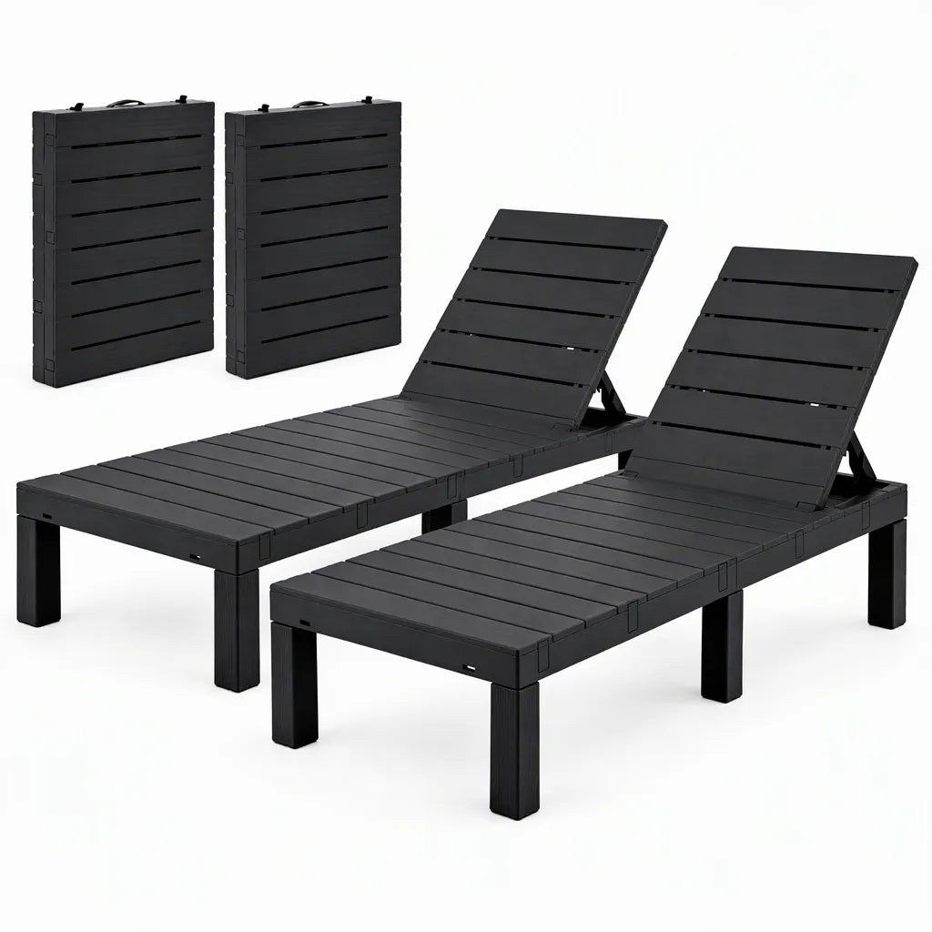 Gardeon 2X Foldable Sun Lounges Outdoor Recliner Patio Beach Chair Slatted Black - Image 2