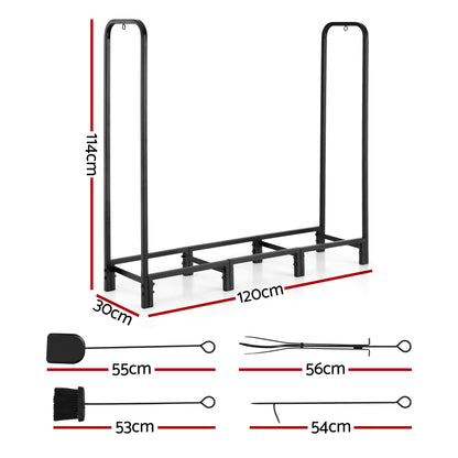 Gardeon Firewood Rack 120cm Wood Rack 3 Sizes Firewood Storage with Tools Black - Image 2