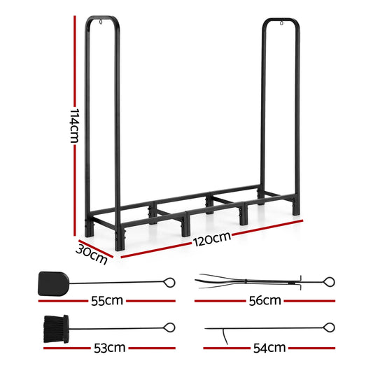 Gardeon Firewood Rack 120cm Wood Rack 3 Sizes Firewood Storage with Tools Black - Image 2