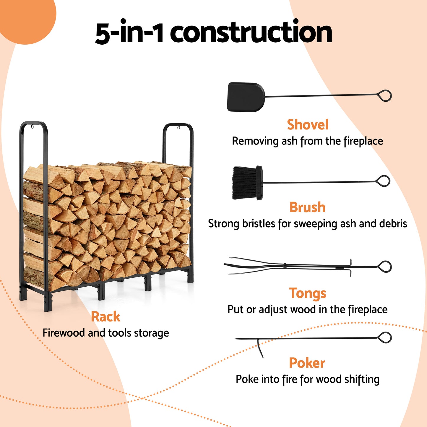 Gardeon Firewood Rack 120cm Wood Rack 3 Sizes Firewood Storage with Tools Black - Image 4