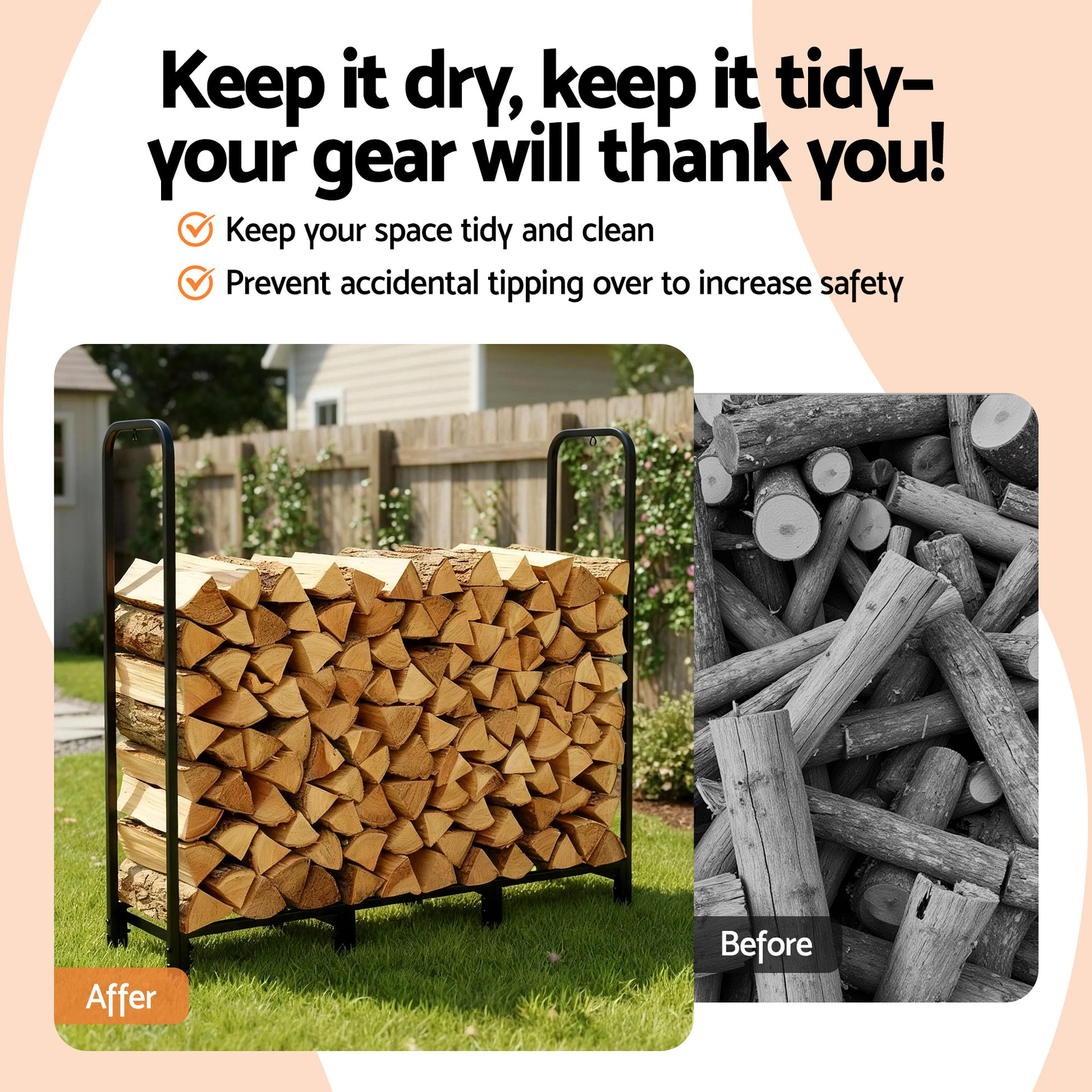 Gardeon Firewood Rack 120cm Wood Rack 3 Sizes Firewood Storage with Tools Black - Image 6