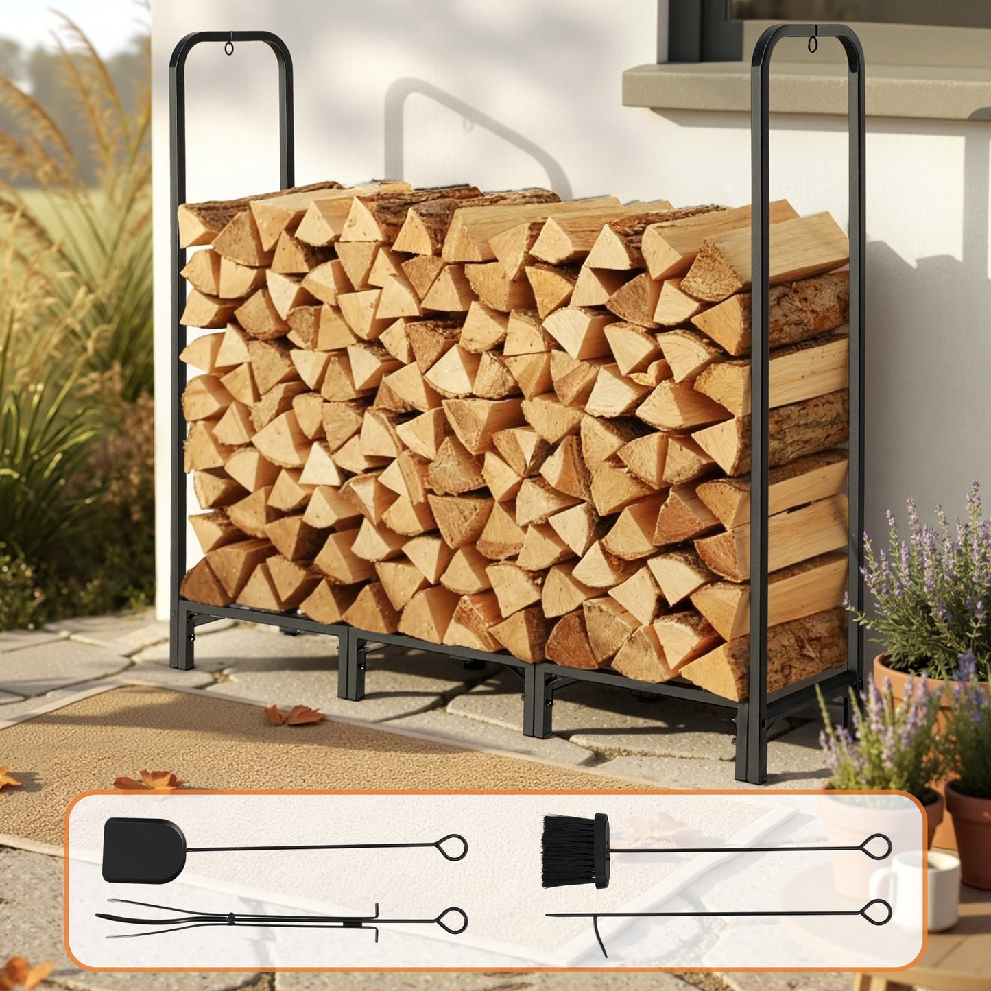 Gardeon Firewood Rack 120cm Wood Rack 3 Sizes Firewood Storage with Tools Black - Image 7