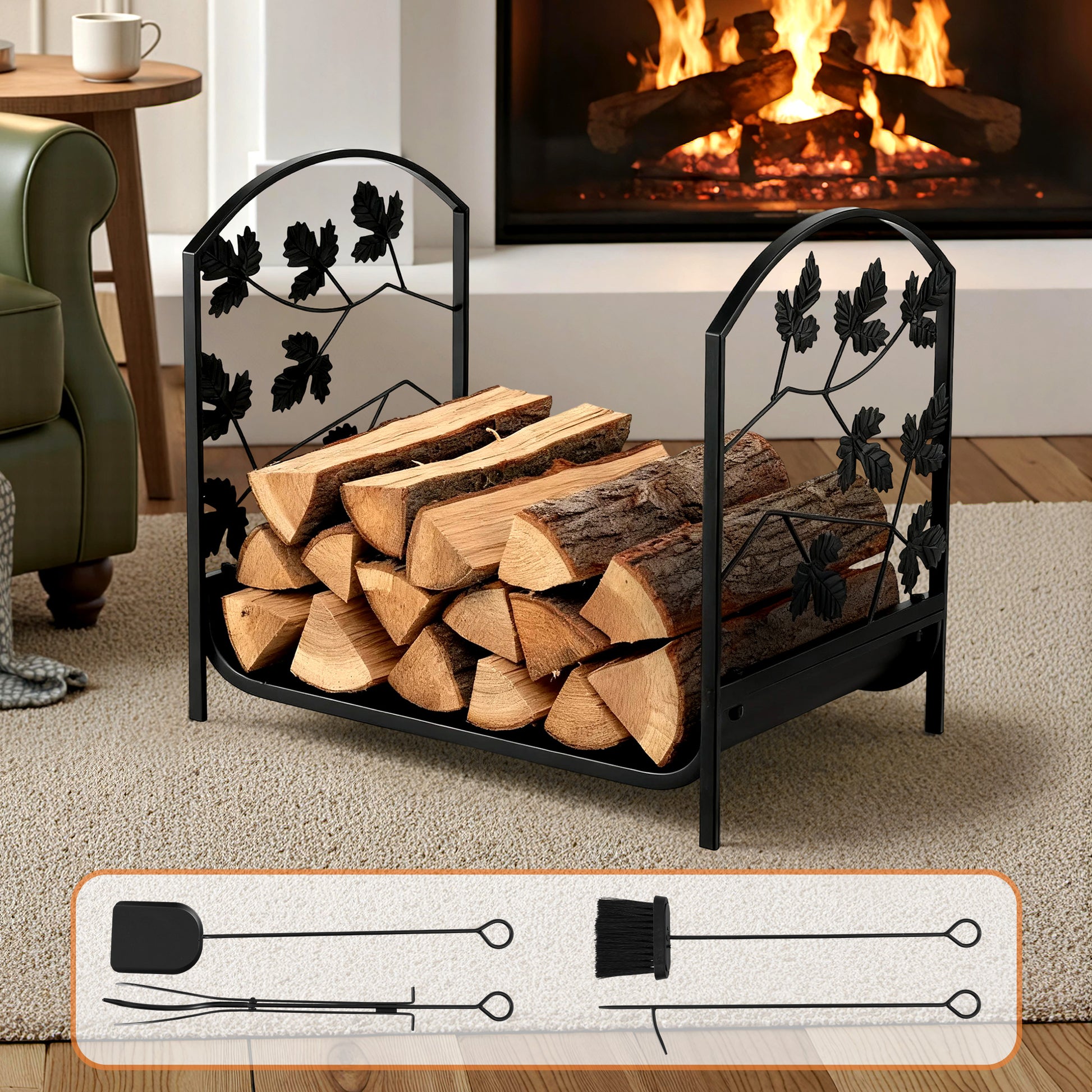 Gardeon Firewood Rack 48cm Wood Rack Firewood Storage Indoor Outdoor Black - Image 7