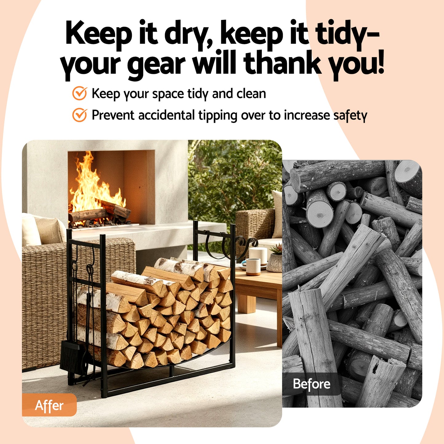 Gardeon Firewood Rack 84cm Wood Rack Firewood Storage Indoor Outdoor Black - Image 5