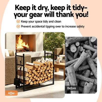 Gardeon Firewood Rack 84cm Wood Rack Firewood Storage Indoor Outdoor Black - Image 5