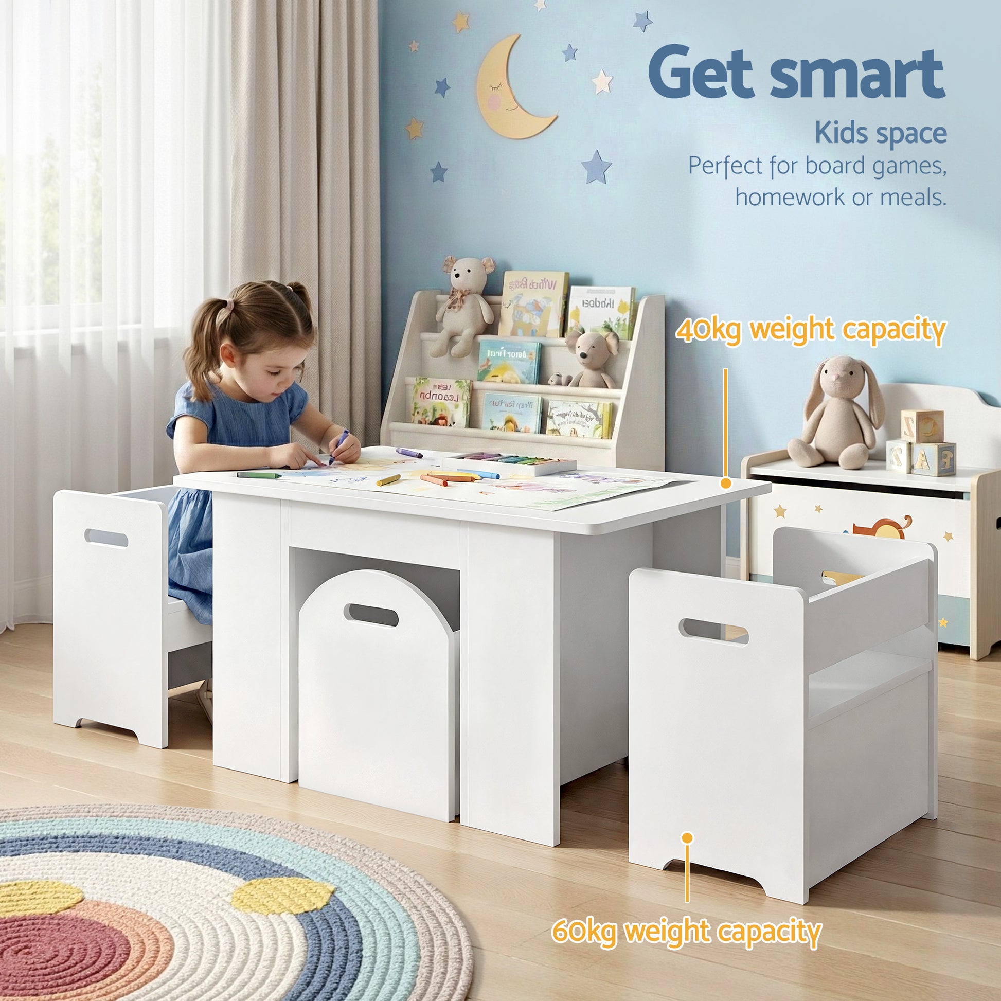 Keezi 3PCS Kids Table and Chairs Set Storage Toys Play Activity Desk - Image 4