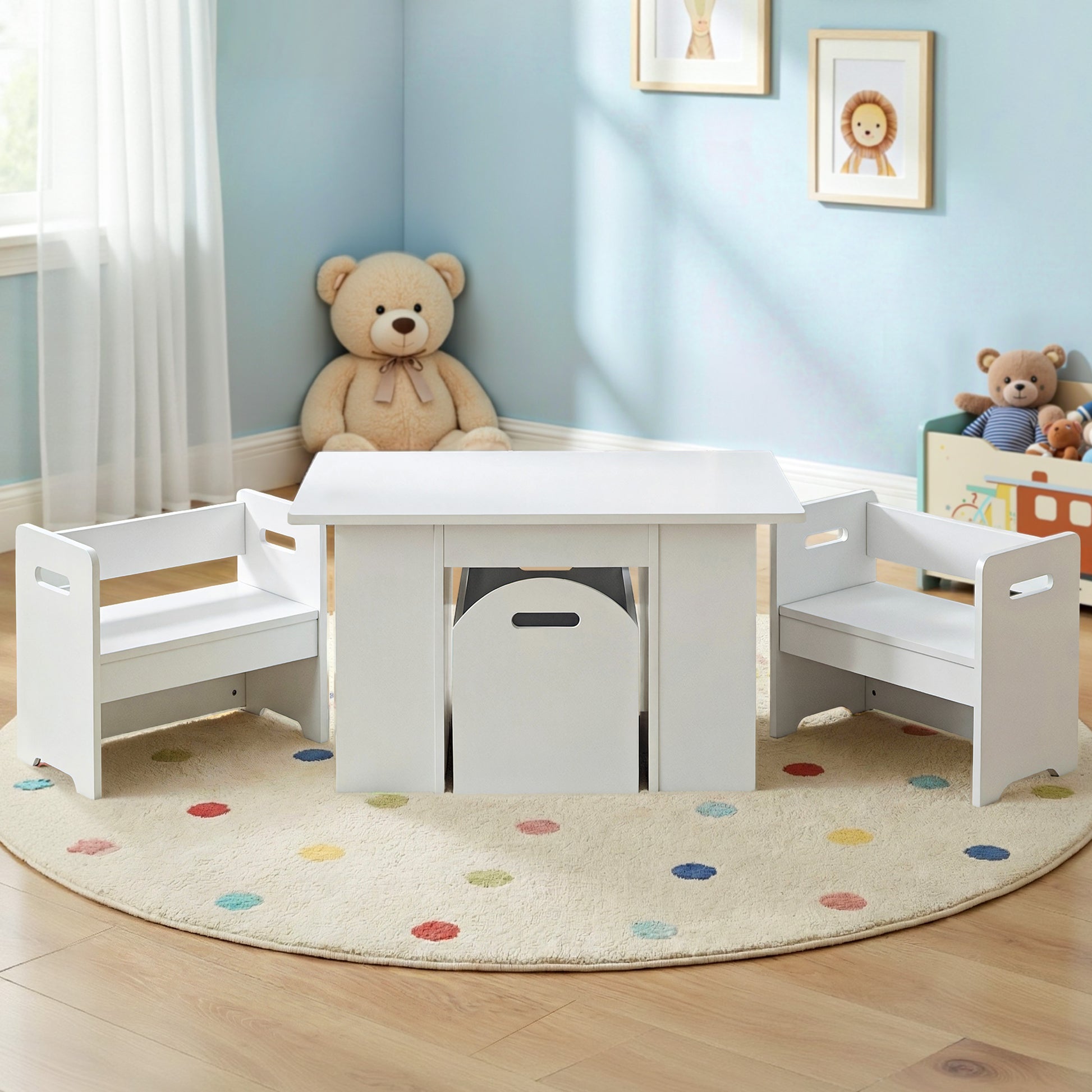 Keezi 3PCS Kids Table and Chairs Set Storage Toys Play Activity Desk - Image 7
