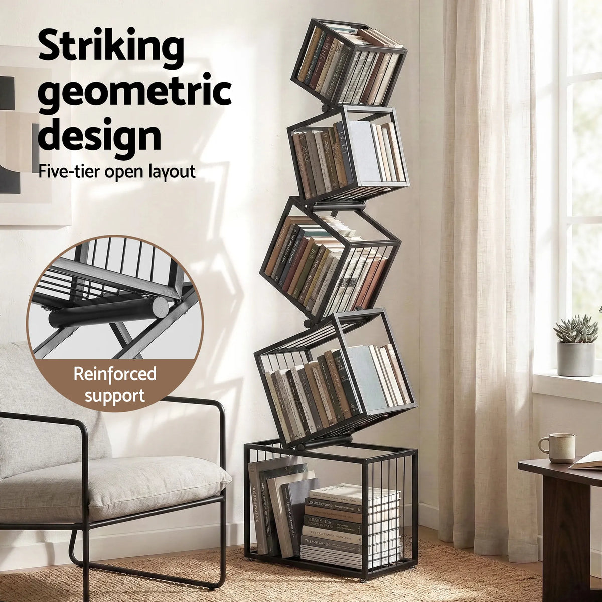 Artiss 5-Tier Bookshelf Metal Geometric Display Shelf Storage Organizer Black - Image 5