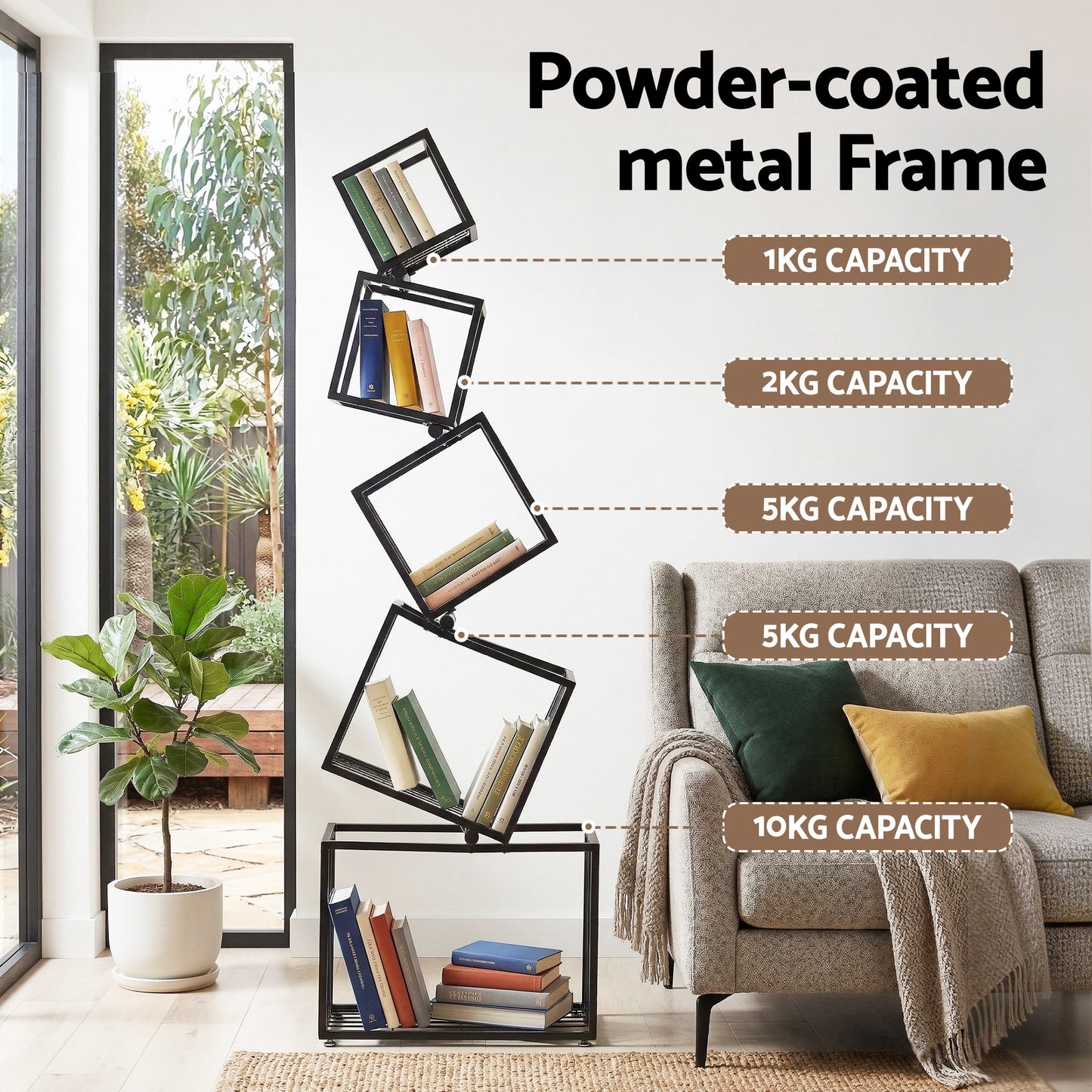 Artiss 5-Tier Bookshelf Metal Geometric Display Shelf Storage Organizer Black - Image 6