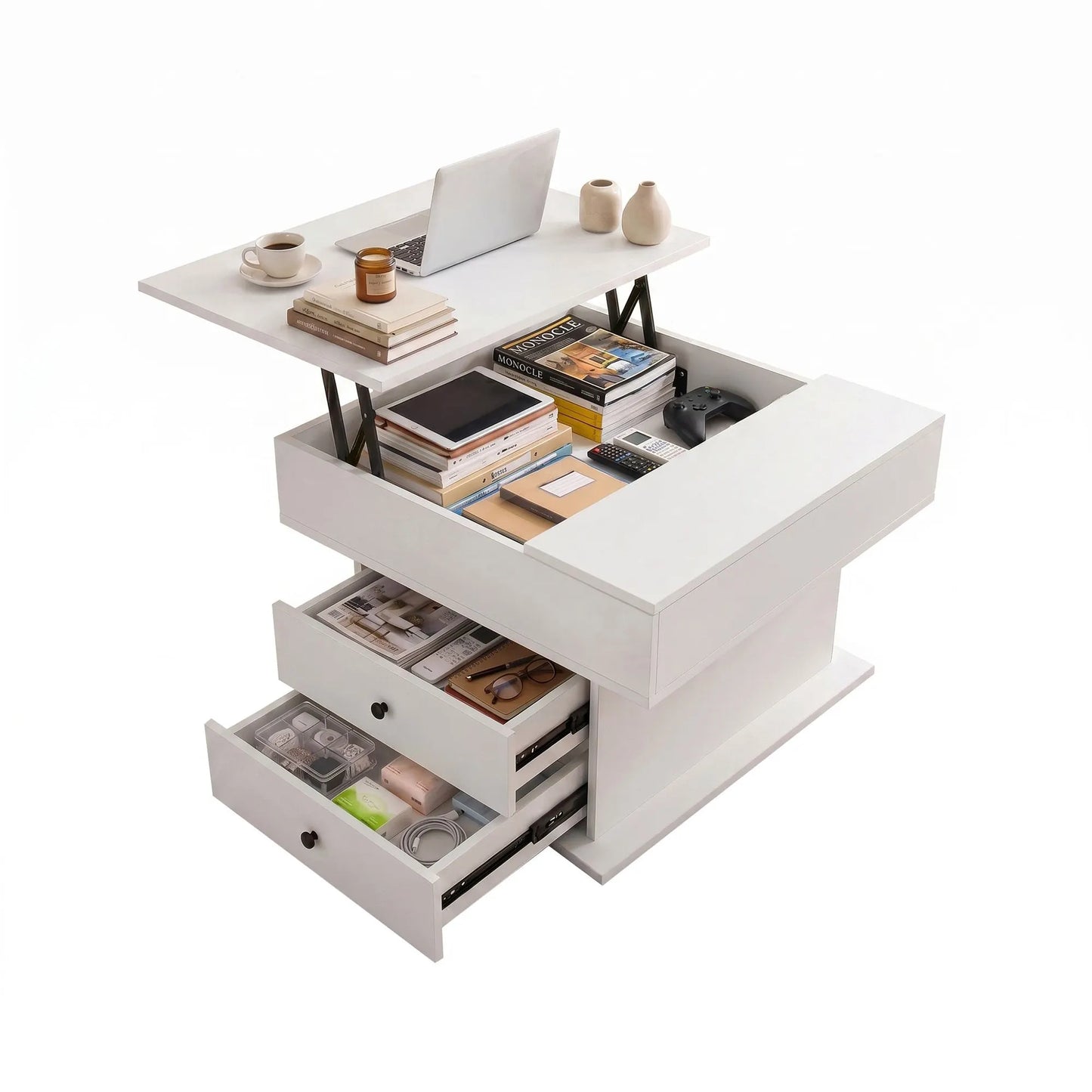 Artiss Lift Top Coffee Table Centre Table with Rotating Top Hidden Storage White - Image 2