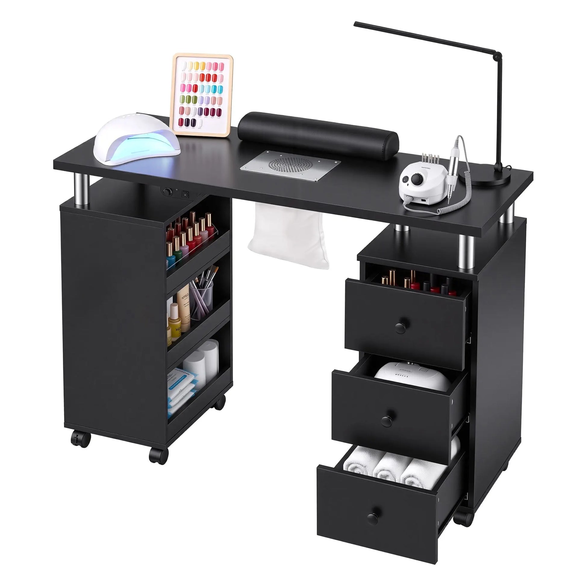 Artiss Manicure Table Nail Desk with Built-in Dust Collector Beauty Salon Station Drawers Shelves Wrist Cushion Wheels Black - Image 2
