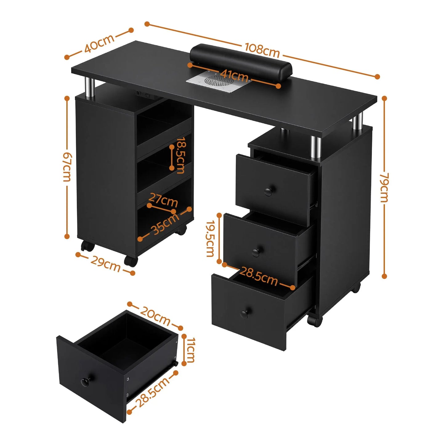 Artiss Manicure Table Nail Desk with Built-in Dust Collector Beauty Salon Station Drawers Shelves Wrist Cushion Wheels Black - Image 4
