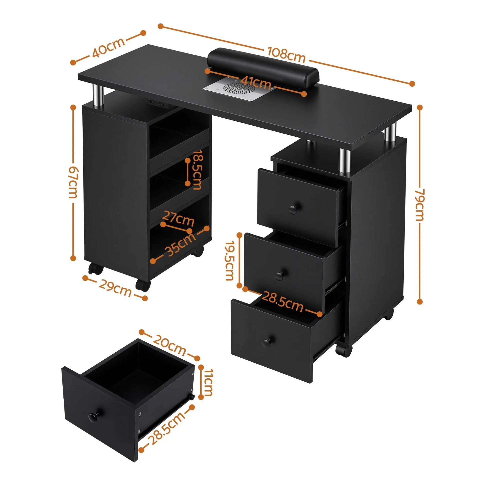 Artiss Manicure Table Nail Desk with Built-in Dust Collector Beauty Salon Station Drawers Shelves Wrist Cushion Wheels Black - Image 4