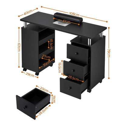 Artiss Manicure Table Nail Desk with Built-in Dust Collector Beauty Salon Station Drawers Shelves Wrist Cushion Wheels Black - Image 4