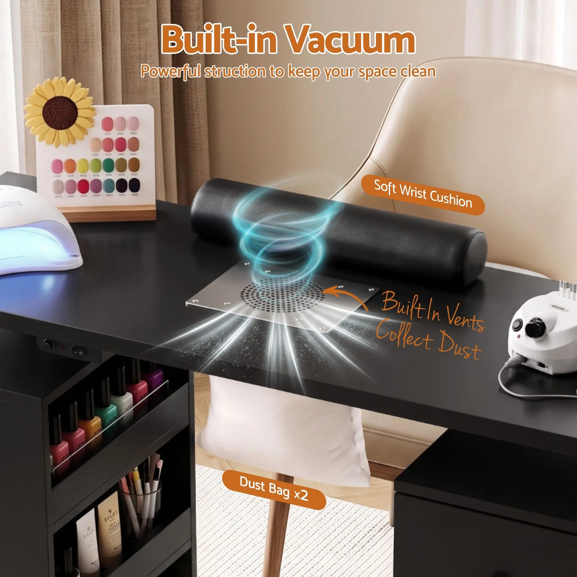 Artiss Manicure Table Nail Desk with Built-in Dust Collector Beauty Salon Station Drawers Shelves Wrist Cushion Wheels Black - Image 6